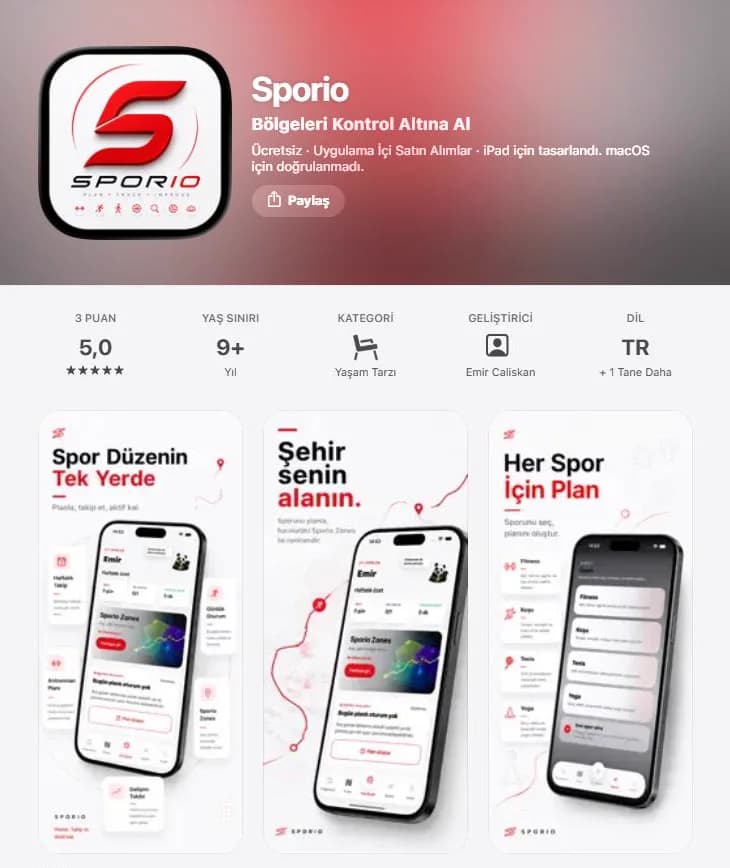 Sporio uygulaması ekran görüntüsü
